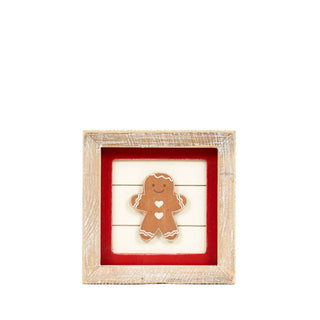 Wood frame sign 5x5 inches with distressed whitewash and red border, featuring a gingerbread figure.