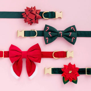 Gold Gift Bow Dog Collar Attachment on a green strap with gold buckle and festive bows