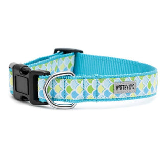 Mermaid Collar for dogs, turquoise blue with mermaid-scale pattern; brand label visible.