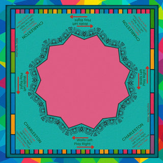 Lunaflor Mahjong Mat with turquoise surface, pink center, and ornate black border.