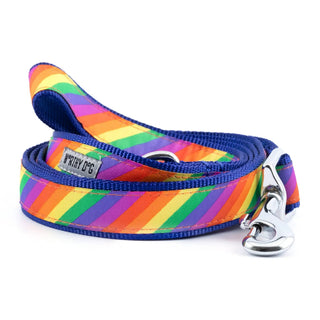 Rainbow striped dog lead with blue edges and metal clip