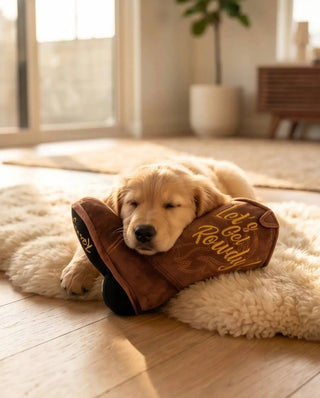 Dog toy brown Western cowboy boot squeaker, shown with a sleeping golden retriever.