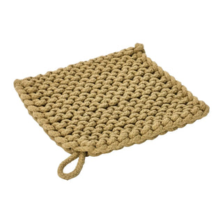 Cotton crocheted potholder, tan color, with hanging loop, kitchen textile.