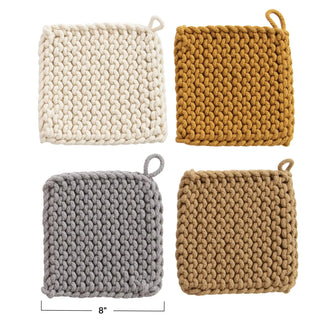 Cotton crocheted square potholders, 4-pack with hanging loops, in cream, gray, and two browns.