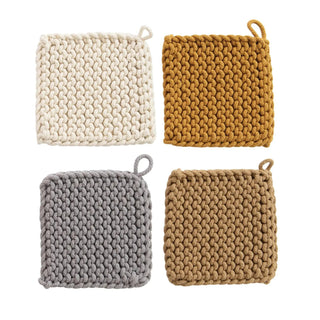 Cotton crocheted potholders, set of four, in cream, gray and brown tones.