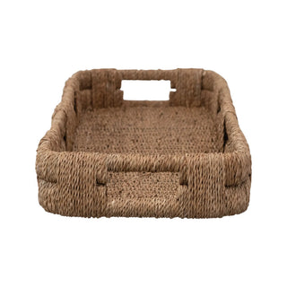 Hand-woven bankuan tray with handles in natural brown wicker weave