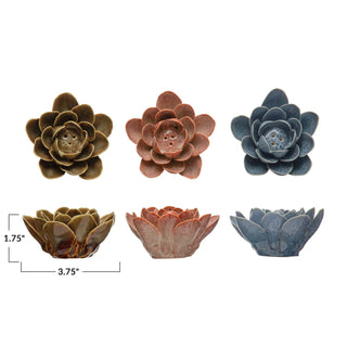 Stoneware flower incense holders, six-piece set with reactive glaze in brown, coral, and blue; each varies.