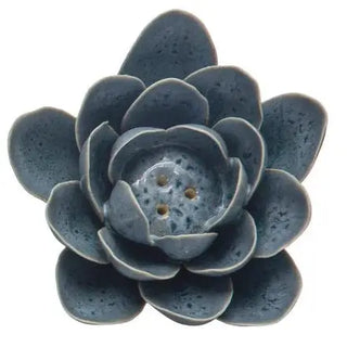 Stoneware flower incense holder with blue reactive glaze, handmade ceramic