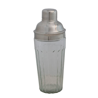 Glass cocktail shaker with stainless steel top; clear ribbed glass body