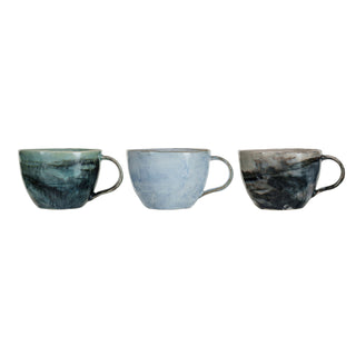 Mug set, 10 oz stoneware, in teal, blue, and charcoal.