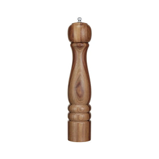 Acacia wood salt/pepper mill with a two-tone brown finish and a metal top knob.