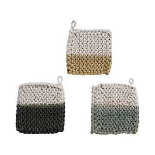 Pot holders set of 3, cotton crocheted dip-dyed in neutral gradient tones