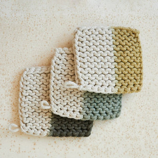 Cotton crocheted dip-dyed pot holders set of 3 in neutral beige to gray tones