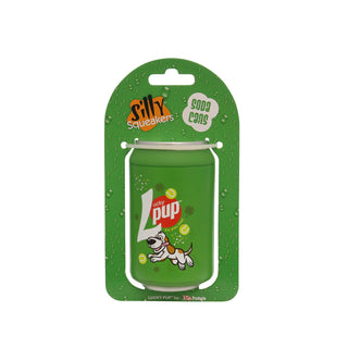 Silly Squeaker Soda Can Lucky Pup dog toy, green can design with white metal carrier handle