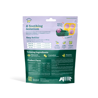 Pupsicle Treat Mix Calming dog treat packaging in lavender and green with yellow silicone mold tray and purple treats.