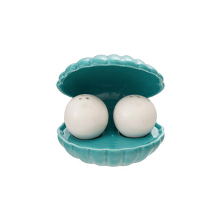 Stoneware Salt & Pepper Shakers with Shell Shaped Holder, Set of 3 Serveware Creative Co-Op