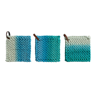 Cotton crocheted pot holders with leather loops, set of 3 in gradient blue hues