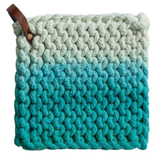 Cotton crocheted pot holder with leather loop, gradient teal hues, square