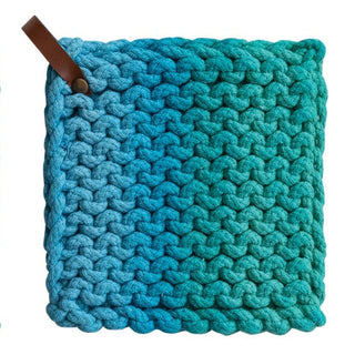 Cotton crocheted pot holder with brown leather loop in teal gradient
