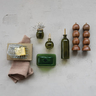 Glass oil cruet with metal stopper in olive green and gold finish, serveware oil dispenser.
