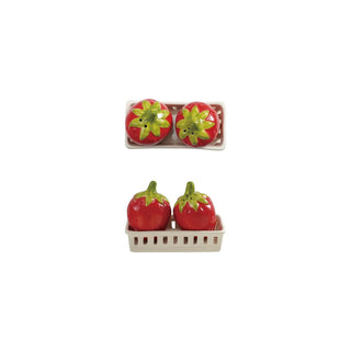 Set of four stoneware strawberry-shaped salt and pepper shakers in berry-basket holders, red with green tops