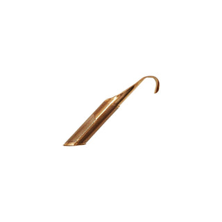 Loose tea infuser in rose gold finish with over-mug hook and perforated body.