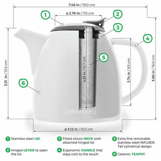 Drago White Ceramic Teapot With Infuser 37oz TEALYRA