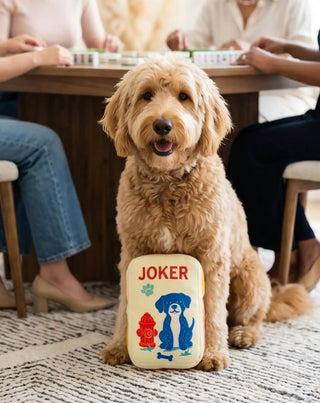 Muttjong Tile Plush dog toy, yellow tile with Joker graphic featuring a blue dog and red fire hydrant