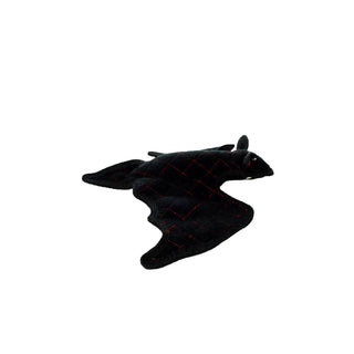 Desert Bat dog toy, black quilted fabric with red stitching.