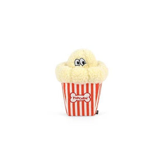 Poppin’ Pupcorn plush toy in a red striped bucket with fluffy yellow popcorn and cartoon eyes