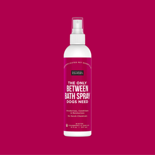 The Only Between Bath Spray Dogs Need Cranberry & Vanilla, pink-labeled bottle.