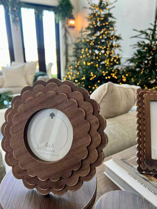 Two espresso wood scalloped round photo frames, 4x4 inches
