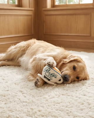 Ruff's Coffee Cup plush squeaker dog toy; cream cup with teal logo, golden retriever on white shag rug