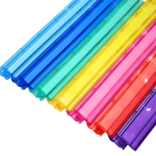 Mahjong rack and pusher set, 4-piece rainbow translucent plastic in blue, purple, green, yellow, pink, and red.