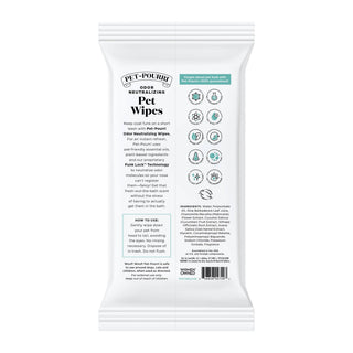 Pet Coat Wipes, 50 count, odor-neutralizing wipes in a white resealable package with Pawsitively Fresh scent