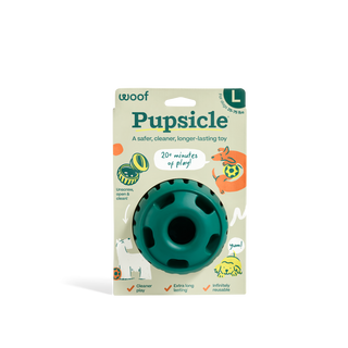 Pupsicle dog toy teal circular chew ring on illustrated packaging, L size