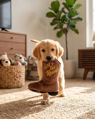 Brown Western cowboy boot dog toy held by a golden retriever puppy.
