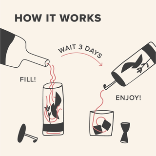 Blueberry, Lavender & Cocktail Infusion Kit; illustrated steps show fill bottle, wait 3 days, enjoy.