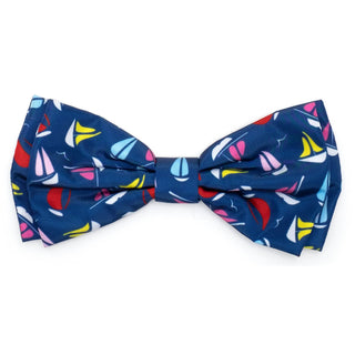 Sailboats bow tie for dogs; navy fabric with colorful sailboat print