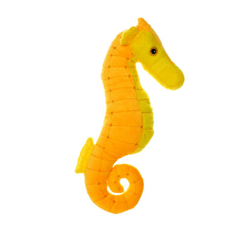 Mighty Ocean Seahorse plush squeaky dog toy, large bright orange body with yellow head and curled tail.