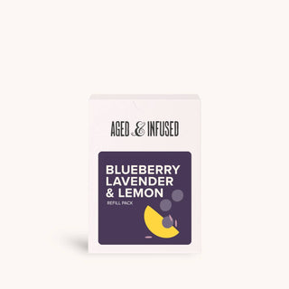 Blueberry lavender & lemon refill pack on a white box with a purple label and yellow lemon graphic