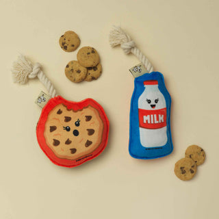 Mini dog toy set featuring a red cookie-shaped plush and a blue milk-bottle plush with rope handles