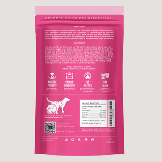 Dapper dehydrated sweet potato chews for dogs in a pink bag with allergy-friendly No Nasties USA-made