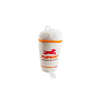 Pupkin' Donuts Hot Coffee plush dog toy, white cup with orange band.
