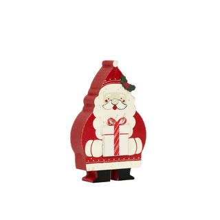 Chunky wooden Santa ornament, 4x6 inches, red suit with white beard, holding a striped candy-cane gift.