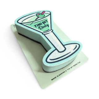 Martini Scrubbly teal sponge shaped like a martini glass with olive and straw, Tini Bit Dirty text