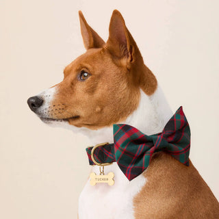 Highland plaid dog bow tie with green and red plaid pattern, attached to a collar