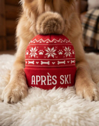 Apres Ski Pom Pom Hat dog toy, red knit with white snowflake pattern and squeaker