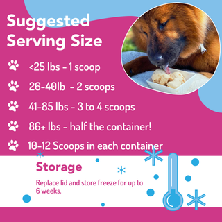 Puppy Scoops Ice Cream Mix for Dogs, pink and blue banner with a dog enjoying ice cream in a round photo