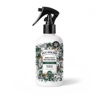 Dog coat refresher spray bottle with black trigger, white bottle, green label, Furrest Fresh 8 oz